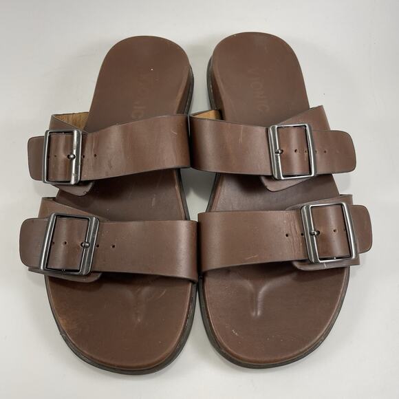 Vionic Charlie Slide Sandals Mens Size 8 Brown Leather Comfort Dual Strap - Picture 9 of 9
